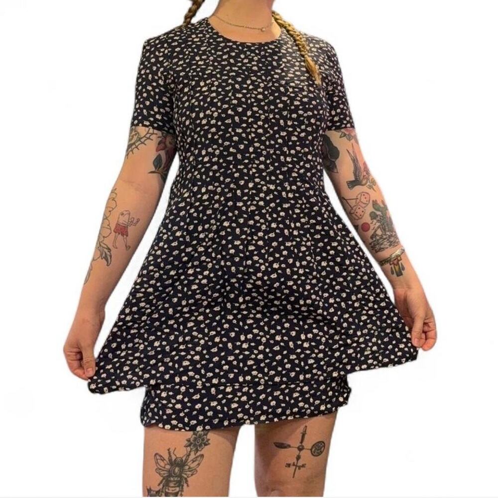 80s vintage fairycore navy blue layered mini dress w tie back detail womens 8